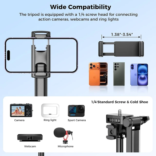 Alt view image 7 of 7 - Tripod for iPhone with Rechargeable Light Portable Phone Tripod for Camera & Phone, Selfie Stick with Light for Content Creators, Vlogging & TikTok