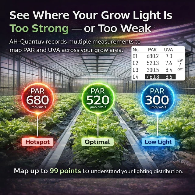Alt view image 5 of 6 - AH-Quantuv PAR Meter for Grow Lights PPFD Meter 400-750nm with UVA 320-400nm, Shows PAR Breakdown of Blue/Green/Red, Records PAR & UVA for Light Mapping