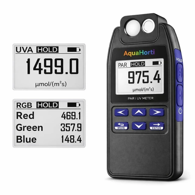 Main image of AH-Quantuv PAR Meter for Grow Lights PPFD Meter 400-750nm with UVA 320-400nm, Shows PAR Breakdown of Blue/Green/Red, Records PAR & UVA for Light Mapping