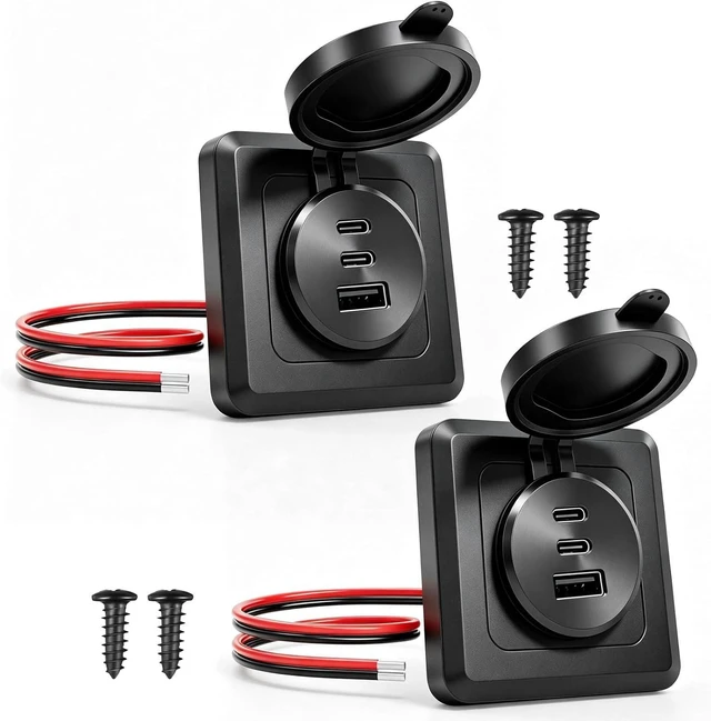 Main image of 2PCS 90W 12V RV USB-C Wall Outlet - Dual 36W PD3.0 Type-C & 18W QC3.0, All Aluminum 3-Port Socket with Black Panel, Waterproof Recessed Mount for Camper, Boat
