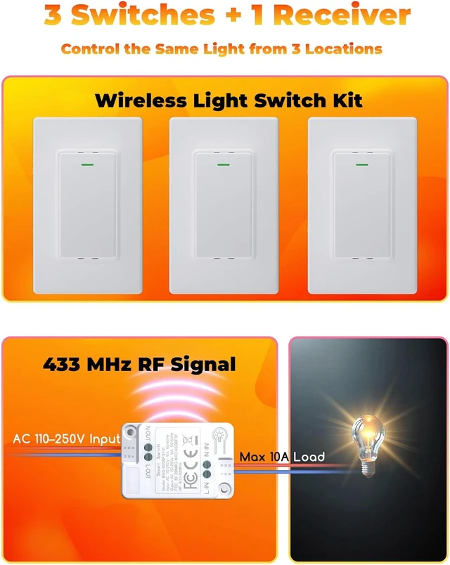 Alt view image 2 of 7 - Battery-Free Wireless Remote Light Switch Kit 3 Switches + 1 Receiver, No Wiring, No Wi-Fi, for Hallway, Garage & Basement