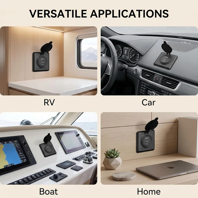 Alt view image 6 of 7 - 2PCS 90W 12V RV USB-C Wall Outlet - Dual 36W PD3.0 Type-C & 18W QC3.0, All Aluminum 3-Port Socket with Black Panel, Waterproof Recessed Mount for Camper, Boat