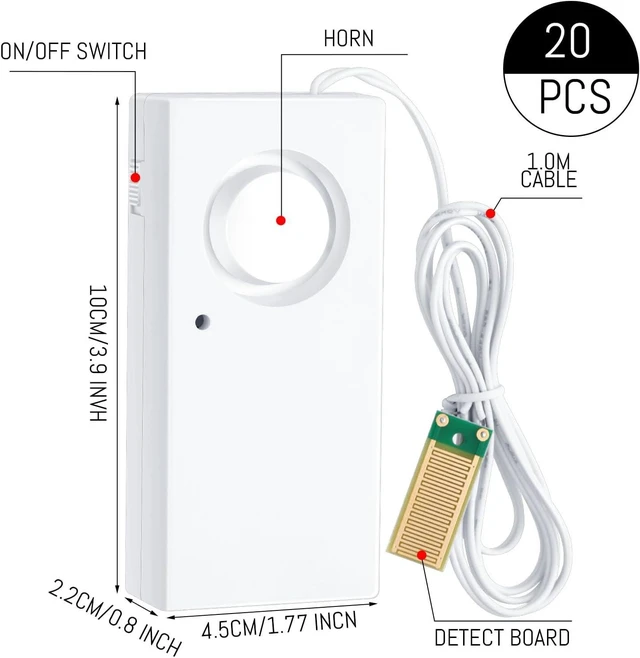 Alt view image 2 of 2 - 20 Pcs Water Leak Detector Alarm, 120dB Water Sensor with 9V Battery, Flood Overflow Security Alert for Home, Basement, Kitchen, Garage, Bath Tub, Sink, White