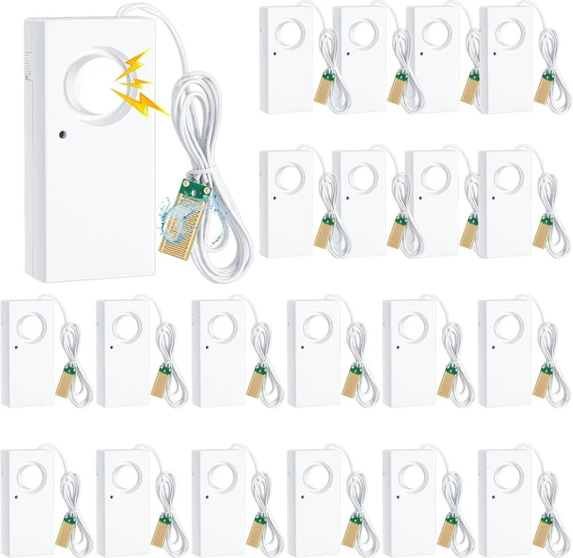 Main image of 20 Pcs Water Leak Detector Alarm, 120dB Water Sensor with 9V Battery, Flood Overflow Security Alert for Home, Basement, Kitchen, Garage, Bath Tub, Sink, White