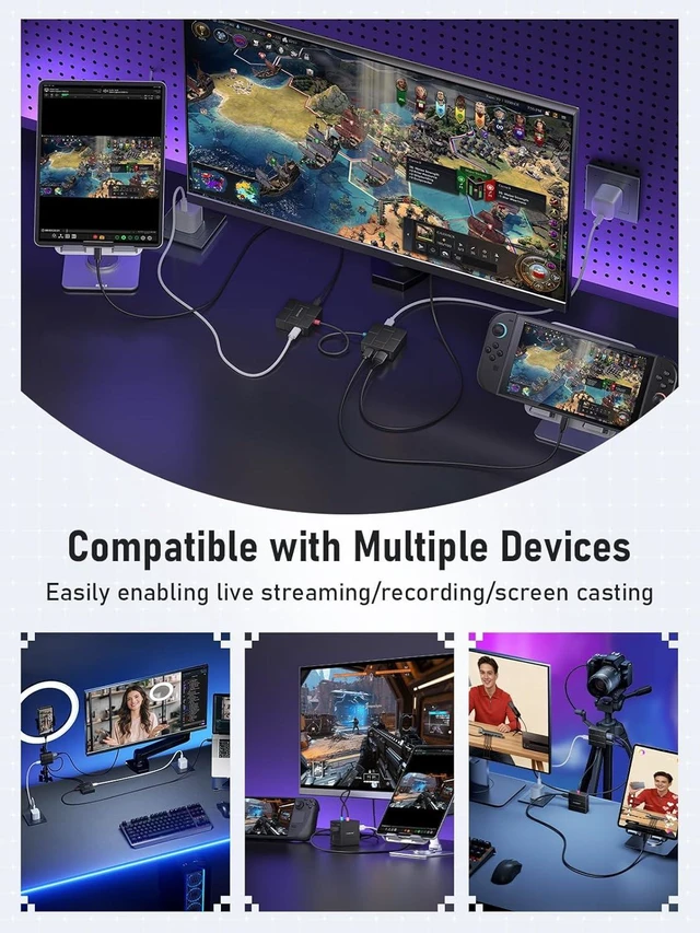 Alt view image 4 of 7 - USB-C Video Capture Card 1080P 60Hz, Dual 100W PD Charging, HDMI Loop-Out, Low Latency for Streaming & Gaming, Compatible with Nintendo Switch, Steam Deck, Phones, Tablets, PC, Mac, OBS