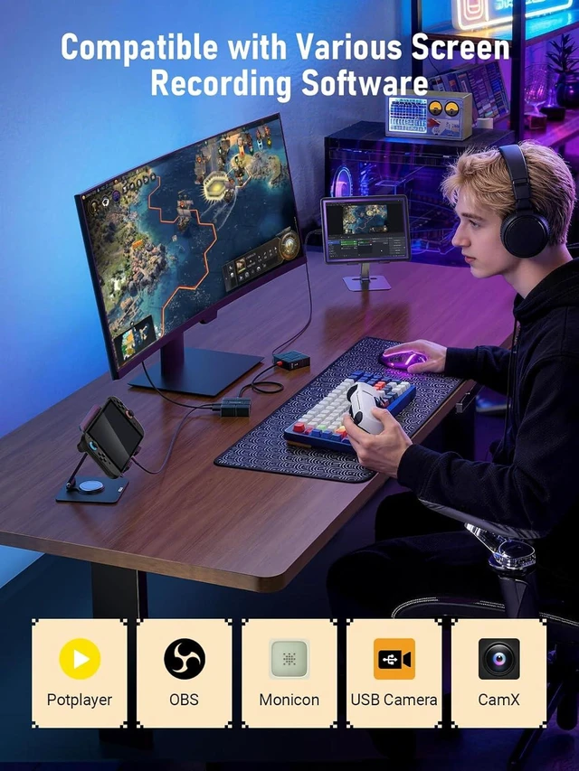 Alt view image 6 of 7 - USB-C Video Capture Card 1080P 60Hz, Dual 100W PD Charging, HDMI Loop-Out, Low Latency for Streaming & Gaming, Compatible with Nintendo Switch, Steam Deck, Phones, Tablets, PC, Mac, OBS
