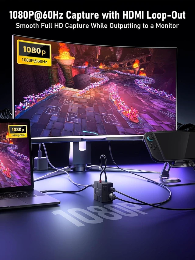 Alt view image 2 of 7 - USB-C Video Capture Card 1080P 60Hz, Dual 100W PD Charging, HDMI Loop-Out, Low Latency for Streaming & Gaming, Compatible with Nintendo Switch, Steam Deck, Phones, Tablets, PC, Mac, OBS