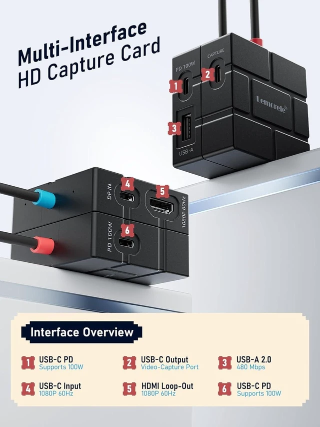 Alt view image 7 of 7 - USB-C Video Capture Card 1080P 60Hz, Dual 100W PD Charging, HDMI Loop-Out, Low Latency for Streaming & Gaming, Compatible with Nintendo Switch, Steam Deck, Phones, Tablets, PC, Mac, OBS