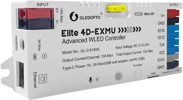 Main image of Elite ESP32 WLED LED Strip Controller 4 Outputs, Ethernet, Microphone, UART, Energy-Saving 20A Relay & Pluggable Fuse for WS2811 WS2812 SK6812 WS2815 Addressable RGB IC