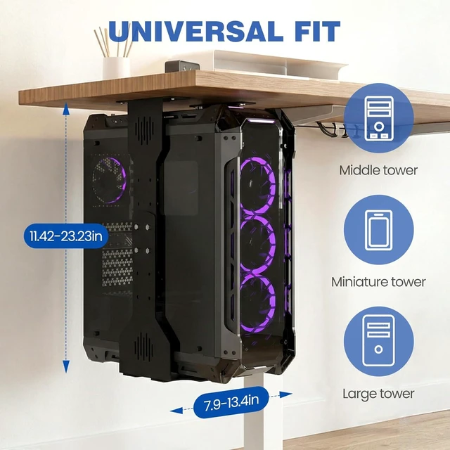 Alt view image 2 of 7 - Heavy-Duty Adjustable Under-Desk PC Mount CPU Holder with Up to 77 lbs Load Capacity for Standing Desks, Home Offices & Laboratories