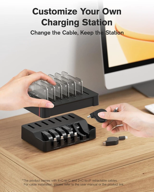 Alt view image 6 of 7 - HomeHub H1 Charging Station for Multiple Devices Upgraded 6-Port Desktop Fast Charger, 6 Retractable Cables 4*C+2*iP, 60W PD for iPhone/Tablet, Tangle-Free