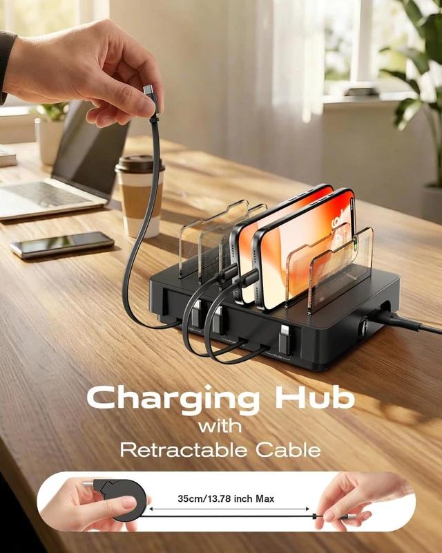 Alt view image 2 of 7 - HomeHub H1 Charging Station for Multiple Devices Upgraded 6-Port Desktop Fast Charger, 6 Retractable Cables 4*C+2*iP, 60W PD for iPhone/Tablet, Tangle-Free