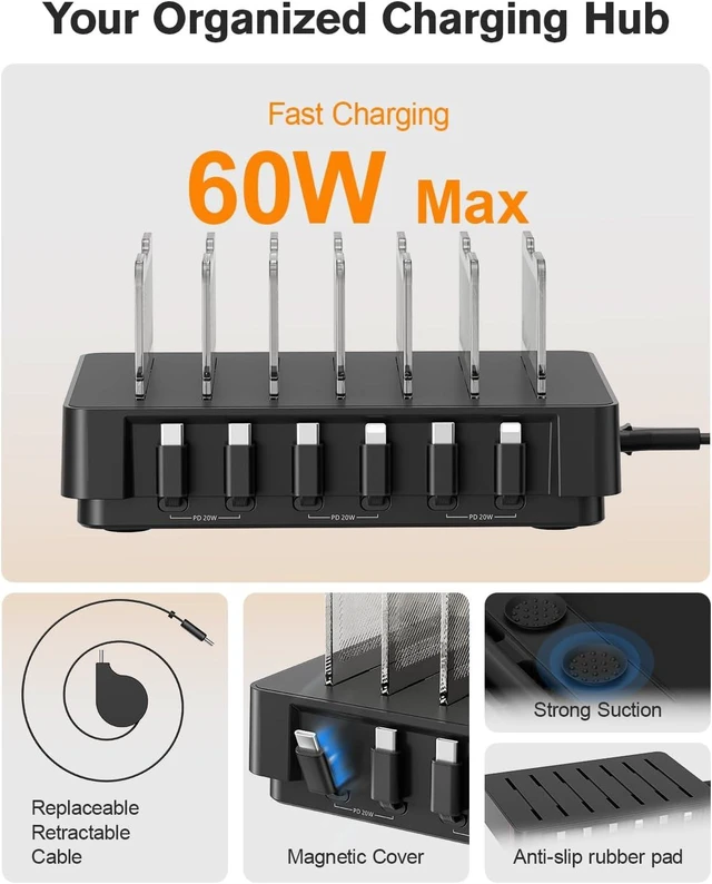 Alt view image 4 of 7 - HomeHub H1 Charging Station for Multiple Devices Upgraded 6-Port Desktop Fast Charger, 6 Retractable Cables 4*C+2*iP, 60W PD for iPhone/Tablet, Tangle-Free