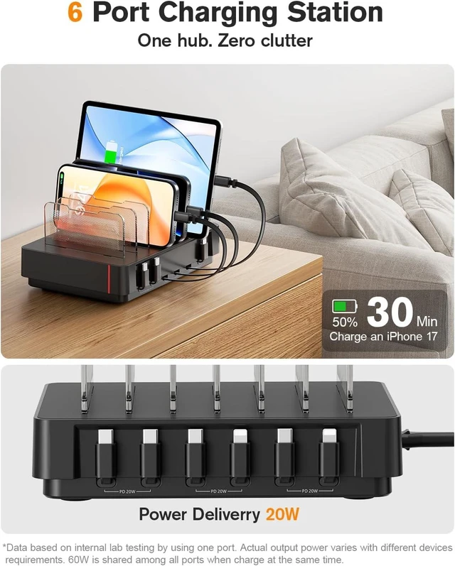 Alt view image 5 of 7 - HomeHub H1 Charging Station for Multiple Devices Upgraded 6-Port Desktop Fast Charger, 6 Retractable Cables 4*C+2*iP, 60W PD for iPhone/Tablet, Tangle-Free