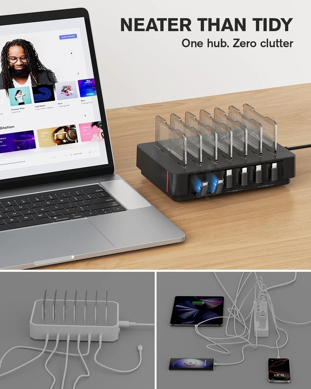 Alt view image 3 of 7 - HomeHub H1 Charging Station for Multiple Devices Upgraded 6-Port Desktop Fast Charger, 6 Retractable Cables 4*C+2*iP, 60W PD for iPhone/Tablet, Tangle-Free