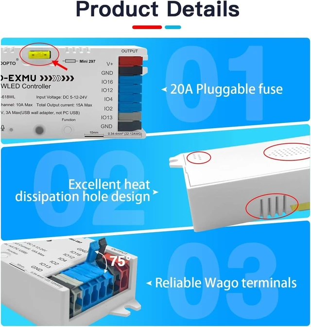 Alt view image 7 of 7 - Elite ESP32 WLED LED Strip Controller 4 Outputs, Ethernet, Microphone, UART, Energy-Saving 20A Relay & Pluggable Fuse for WS2811 WS2812 SK6812 WS2815 Addressable RGB IC