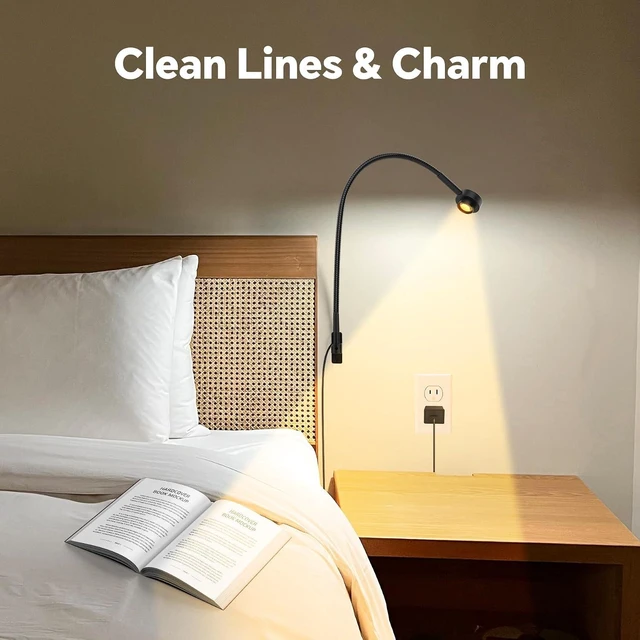 Alt view image 2 of 7 - Wall/Headboard Mounted Reading Light Minimalist Bedside LED Lamp, CRI 95+ Dimmable Book Light with Dual Switches (Brightness & 3 Color Temp), 300° Rotatable Head, USB-C Powered