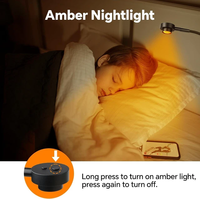Alt view image 6 of 7 - Wall/Headboard Mounted Reading Light Minimalist Bedside LED Lamp, CRI 95+ Dimmable Book Light with Dual Switches (Brightness & 3 Color Temp), 300° Rotatable Head, USB-C Powered