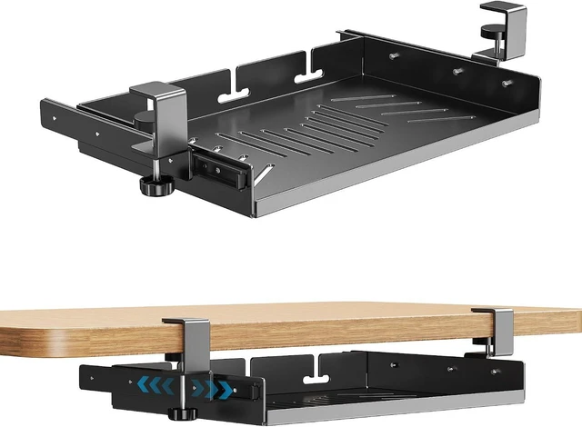Main image of No-Drill Sliding Under-Desk Laptop Mount Metal Under-Desk Storage Shelf with Cable Management, Slide-Out Laptop Storage Tray for MacBook & Mac Mini, Fits Office Workstations (Black with slid rail)