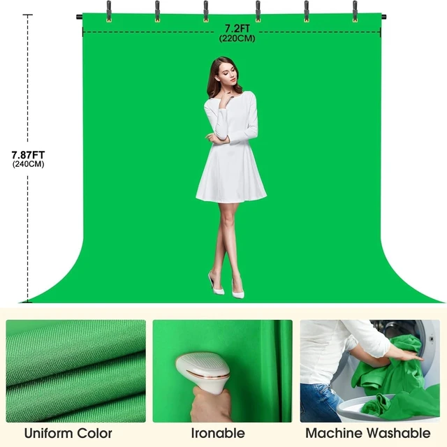 Alt view image 3 of 7 - 8x7.2ft Green Screen Backdrop with Stand Portable Greenscreen Background, T-Shape Stand Kit with 6 Spring Clamps, Sandbag & Carry Bag for Zoom & Video