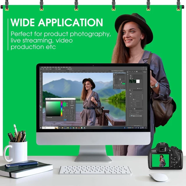 Alt view image 6 of 7 - 8x7.2ft Green Screen Backdrop with Stand Portable Greenscreen Background, T-Shape Stand Kit with 6 Spring Clamps, Sandbag & Carry Bag for Zoom & Video