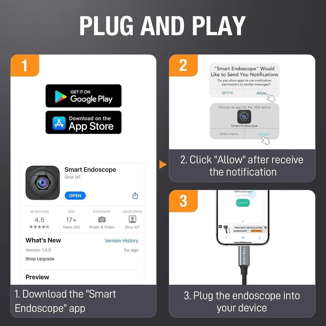 Alt view image 6 of 7 - 2.0MP HD Auto Focus Borescope 16.5ft Flexible Endoscope with Adjustable Lights, USB-C Inspection Camera for Plumbing, Automotive & Wall, for iPhone 15/16 & Android, Long Focus & Autofocus