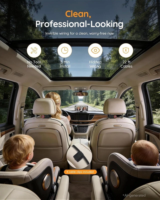 Alt view image 2 of 7 - BM5PRO Baby Car Camera for 2 Kids with 7.2" Split Screen Monitor | 1080P Car Baby Monitor, Automatic Night Vision, 2 Rear Facing Cameras, 360 Degree Headrest Mount (Orange)