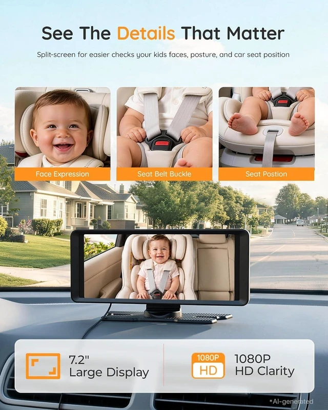 Alt view image 3 of 7 - BM5PRO Baby Car Camera for 2 Kids with 7.2" Split Screen Monitor | 1080P Car Baby Monitor, Automatic Night Vision, 2 Rear Facing Cameras, 360 Degree Headrest Mount (Orange)