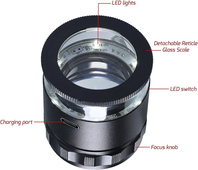 Alt view image 7 of 7 - 10X Rechargeable Jewelers Loupe Magnifier LED Lights & 3 Reticle Scales, 25mm Field of View, Adjustable Focus for Gems, Coins, Watch, Stamps & Plants