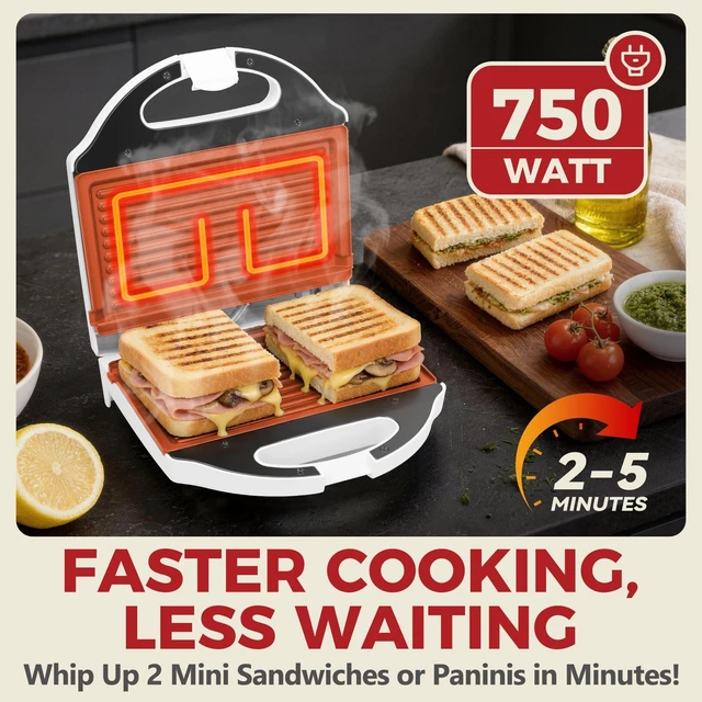 Alt view image 2 of 7 - Ceramic Mini Panini Press Grill Sandwich Maker, Mini Sandwich Press, Panini Maker, Sandwichera Electrica, Panini Grill, Toaster Press, Grill Burgers or 2 Slices Sandwiche at a Time, White