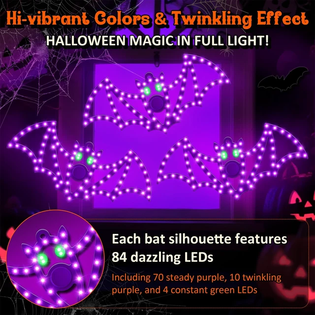 Alt view image 3 of 7 - 3-Pack 14" Halloween Classics Twinkling LED Bat Window Lights | Hi-Vibrant purple and green LEDs, 84 LEDs per bat, aluminum-frame silhouettes, UL Listed adapter