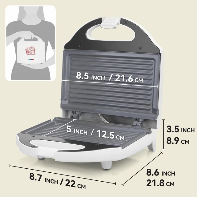 Alt view image 7 of 7 - Ceramic Mini Panini Press Grill Sandwich Maker, Mini Sandwich Press, Panini Maker, Sandwichera Electrica, Panini Grill, Toaster Press, Grill Burgers or 2 Slices Sandwiche at a Time, White