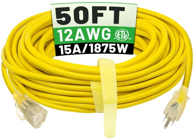 Main image of 50 ft 12/3 Outdoor Extension Cord Waterproof Heavy Duty with Lighted Indicator End 12 Gauge 3 Prong, Flexible Cold-Resistant Long Power Cord Outside, 15Amp 1875W SJTW Yellow ETL Listed