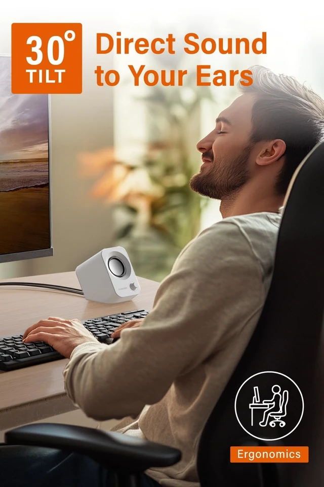Alt view image 2 of 6 - Speaker - 14W Stereo PC Speakers, USB Powered, Compact Size with 30° Tilt Design, Volume Dial Control, for Desktop, Laptop, Monitor, Gaming Consoles, White