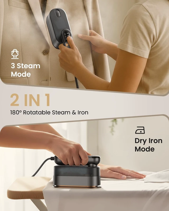 Alt view image 4 of 7 - 2-in-1 Handheld Steamer Iron for Clothes, 1000W, 9s Fast Heat-Up, 120V | Travel Steamer with Ceramic Soleplate, Leak-Proof 170mL Tank, Self-Clean, Portable Wrinkle Remover for Home & Travel, Black