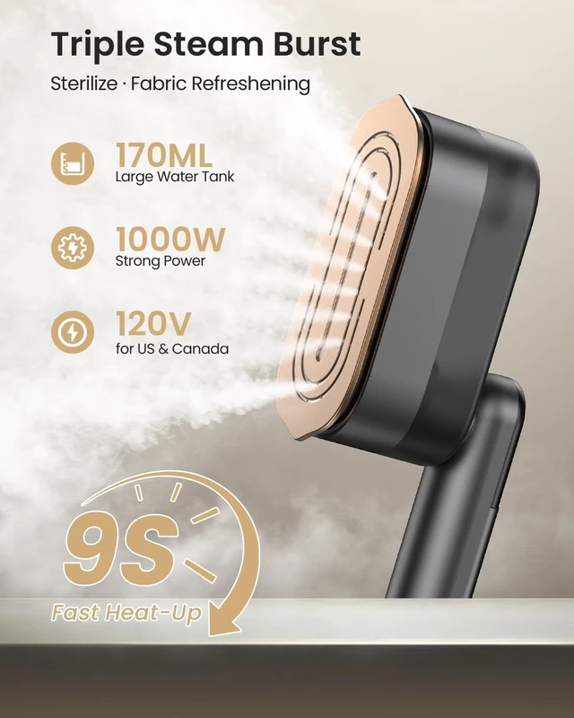 Alt view image 2 of 7 - 2-in-1 Handheld Steamer Iron for Clothes, 1000W, 9s Fast Heat-Up, 120V | Travel Steamer with Ceramic Soleplate, Leak-Proof 170mL Tank, Self-Clean, Portable Wrinkle Remover for Home & Travel, Black