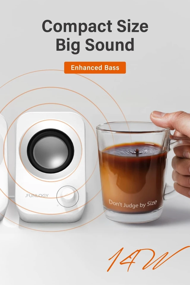 Alt view image 3 of 6 - Speaker - 14W Stereo PC Speakers, USB Powered, Compact Size with 30° Tilt Design, Volume Dial Control, for Desktop, Laptop, Monitor, Gaming Consoles, White