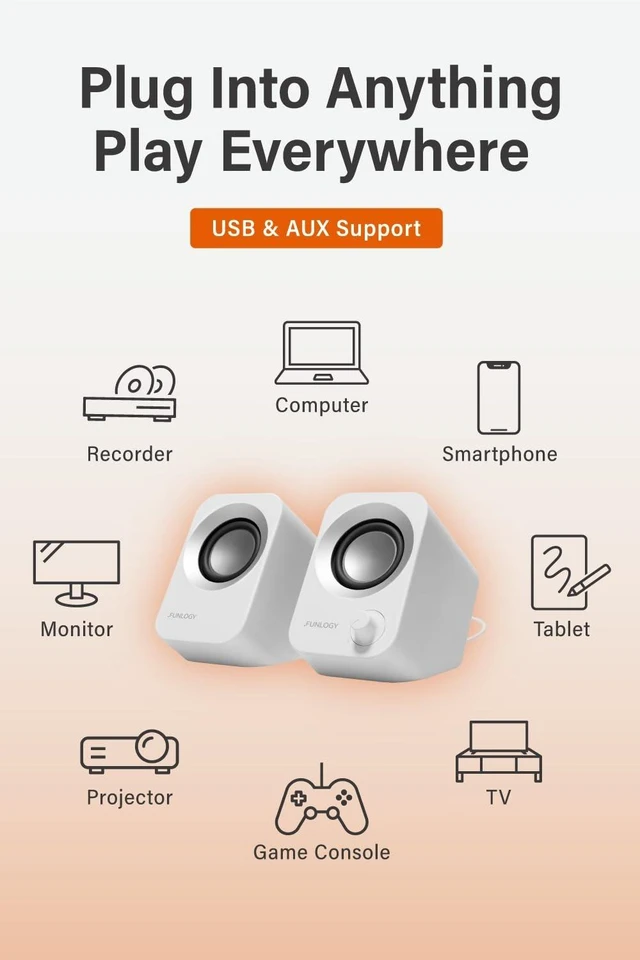 Alt view image 4 of 6 - Speaker - 14W Stereo PC Speakers, USB Powered, Compact Size with 30° Tilt Design, Volume Dial Control, for Desktop, Laptop, Monitor, Gaming Consoles, White