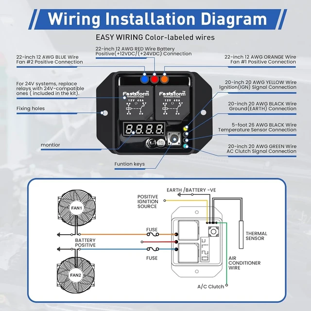 Alt view image 2 of 7 - 12V/24V Digital Radiator Fan Switch Kit, Adjustable 104°F-230°F, Dual Electric Fan Control, IP54, Replaces #0444