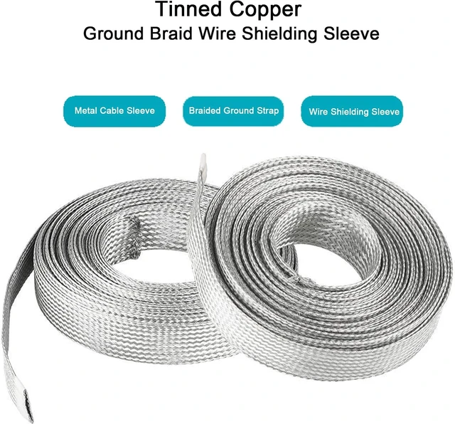Alt view image 2 of 7 - Tinned Copper Braided Cable Shielding Sleeve Metal Wire Loom Sheathing, EMI RFI ESD Protector Grounding Mesh, Flat Tubular Expandable 11/16" W (0.44" ID) - 16FT