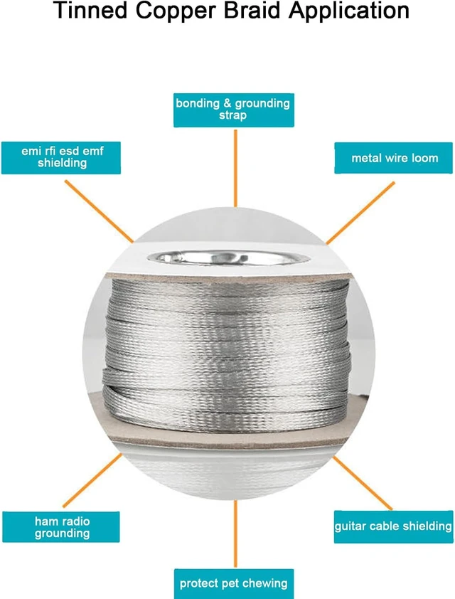 Alt view image 4 of 7 - Tinned Copper Braided Cable Shielding Sleeve Metal Wire Loom Sheathing, EMI RFI ESD Protector Grounding Mesh, Flat Tubular Expandable 11/16" W (0.44" ID) - 16FT