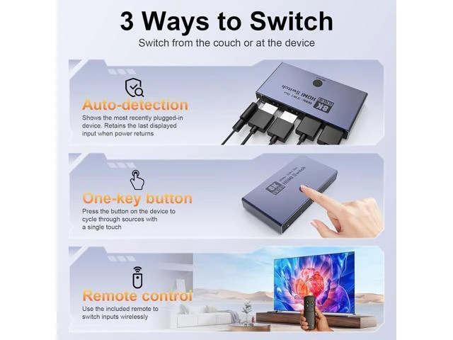 Alt view image 4 of 7 - HDMI 2.1 Switch 3 in 1 Out, 8K@60Hz 4K@240Hz/120Hz 48Gbps, HDMI Switcher with Remote & Detection-Switching, VRR HDR10+ Do-lb-y Vision/At-mos CEC HDCP2.3, Aluminum Alloy HDMI Selector
