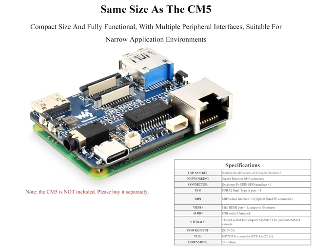 Alt view image 8 of 10 - Nano Base Board Compatible with Raspberry Pi Compute Module 5 Lite/eMMC, Same Size As CM5, with Multiple Peripheral Interfaces, with USB 3.2 Gen1 Type-A, 40PIN GPIO, Dual MIPI Interfaces, Audio,etc