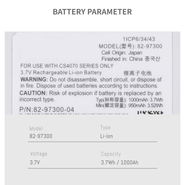Alt view image 7 of 10 - 82-97300-04 Battery Compatible for Symbol CS4070, CS4070-SR, CS4070, BTRY-CS40EABH0, BTRY-CS40EAB00-04 82-97300 82-97300-01 82-97300-02 82-97300-03 82-97300-04 Scanner Battery Replacement 3.7V 1000mAh