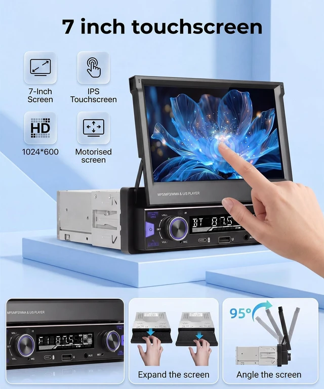 Alt view image 8 of 10 - KYNNT 7 Inch Single DIN Flip Out Car Stereo with Wireless CarPlay & Android Auto-IPS Touchscreen, Bluetooth 5.0, Backup Camera, SWC, FM/AM Radio, Type-C Fast Charging ^^ Universal Fit