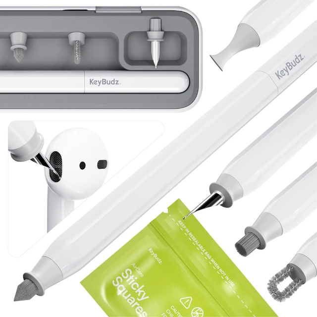 Alt view image 6 of 10 - KeyBudz Air Care 2.0 AirPods Cleaning Kit - Patented Multi-Tool Cleaner with Interchangeable Brush Tips for AirPods, iPhone and Apple Devices with Sticky Squares Putty, Hard Case and Travel Pouch