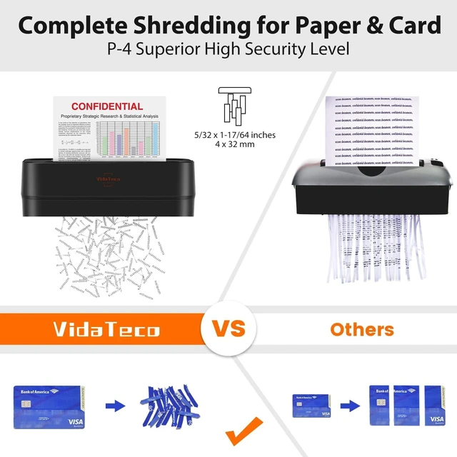 Alt view image 7 of 10 - VidaTeco Paper Shredder for Home Use 6-Sheet Cross-Cut Shredder,Also Shred Card/Clip/Staple,P-4 Higher Security,Small Document Shredding Machine for Office,Heavy Duty with Jam Proof,3.04-Gal Bin