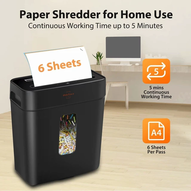 Alt view image 8 of 10 - VidaTeco Paper Shredder for Home Use 6-Sheet Cross-Cut Shredder,Also Shred Card/Clip/Staple,P-4 Higher Security,Small Document Shredding Machine for Office,Heavy Duty with Jam Proof,3.04-Gal Bin