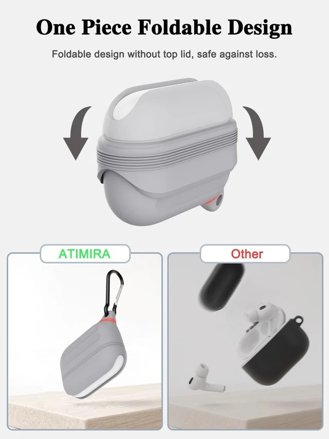 Alt view image 8 of 10 - for AirPods Pro 3 Case Silicone - Waterproof, Shockproof, Drop Protection, Wireless Charging Supported, One-Piece Folding Design with Carabiner for AirPods Pro 3rd Gen (2025) - Grey