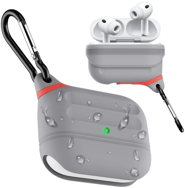 Alt view image 6 of 10 - for AirPods Pro 3 Case Silicone - Waterproof, Shockproof, Drop Protection, Wireless Charging Supported, One-Piece Folding Design with Carabiner for AirPods Pro 3rd Gen (2025) - Grey